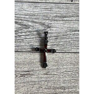 Vintage Stamped 925 Sterling Silver Garnet Cross Pendant 1"